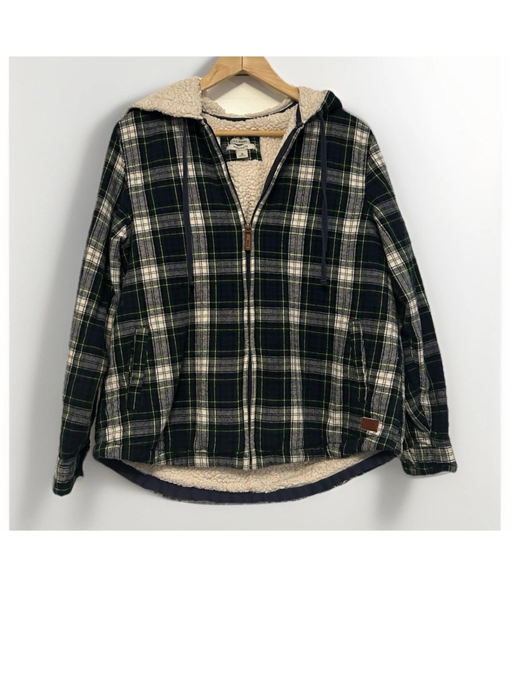 LL Bean Jacket Coat Hood Scotch Flannel Plaid Zip Up Relaxed Thick Faux Sherpa M
